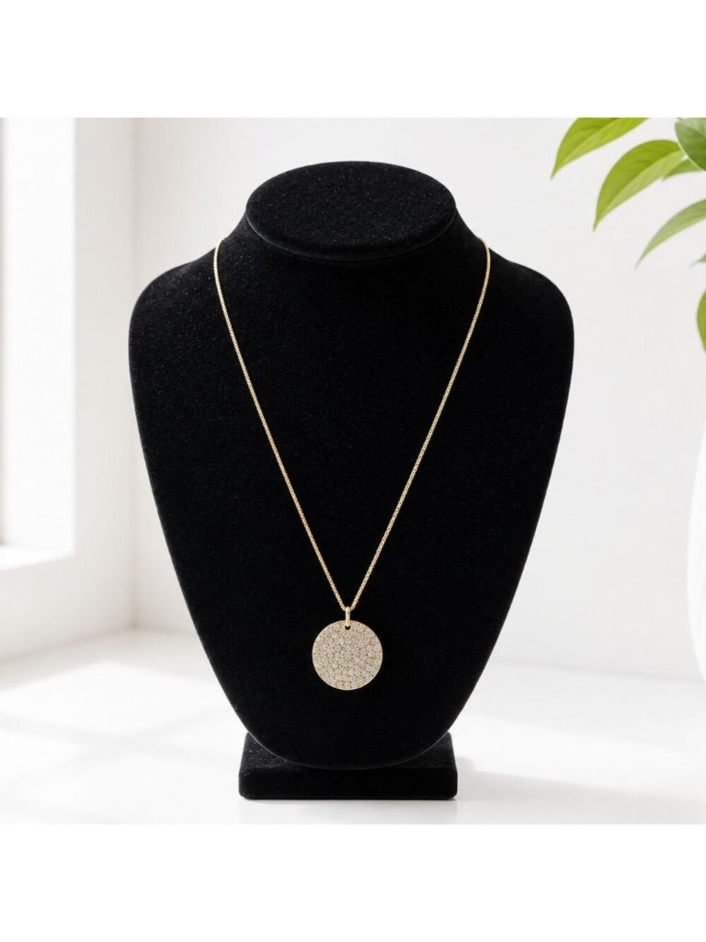 Gold-Tone Pendant Necklace With Crystal-Studded Round Medallion Adjustable Chain